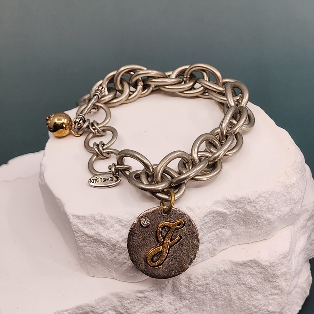Jewel Kade Silver Tone Chunky Round Link Bracelet J Initial Charm Gold Tone